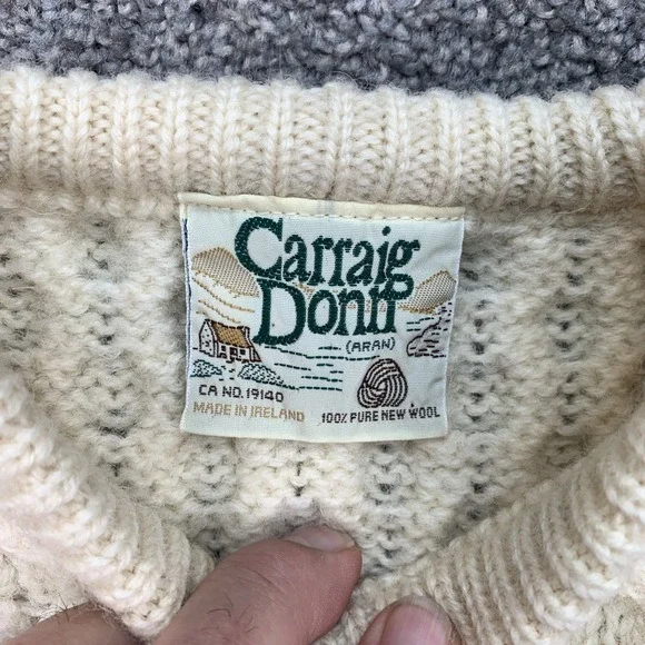 Carraig Donn Irish Wool Cable Knit Fisherman Sweater Pullover Mens Cream Large